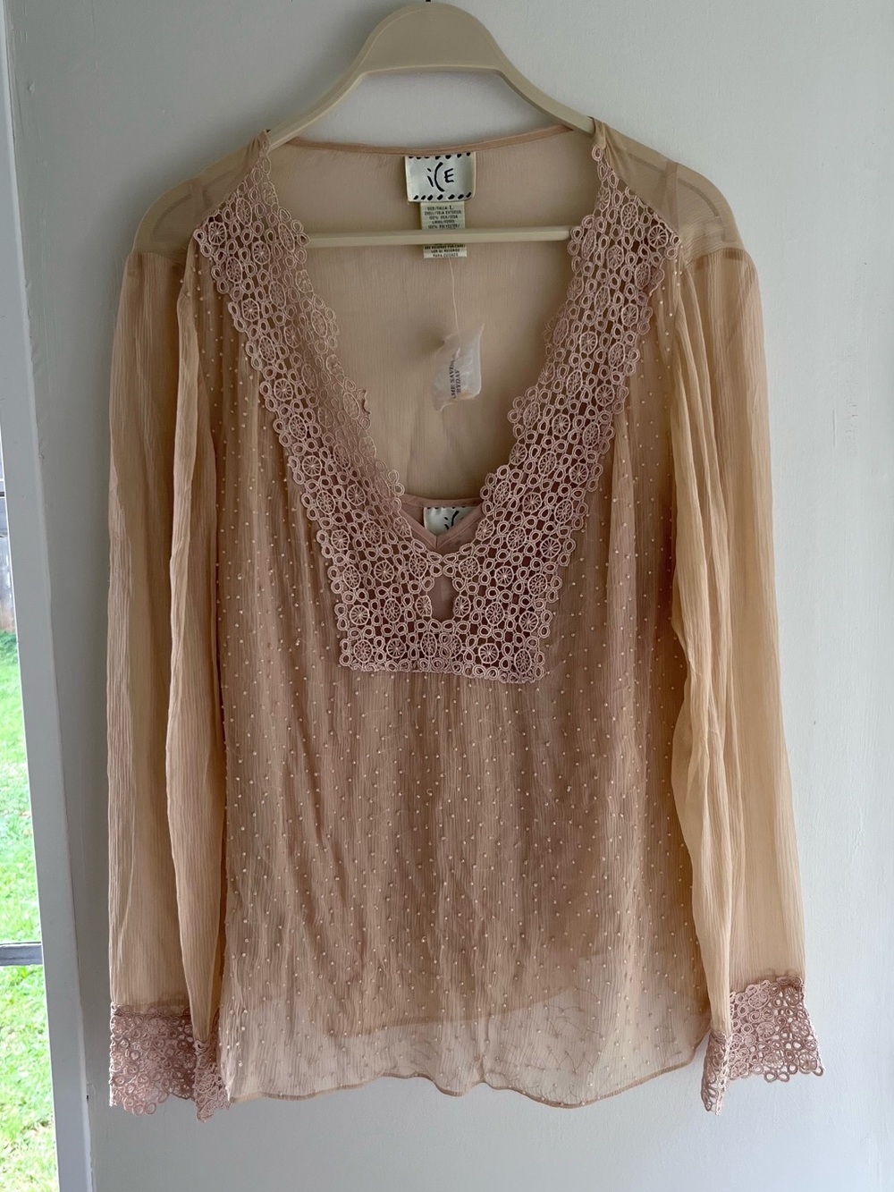 ICE 100% silk beaded nude/peach sheer long sleeve fairy blouse